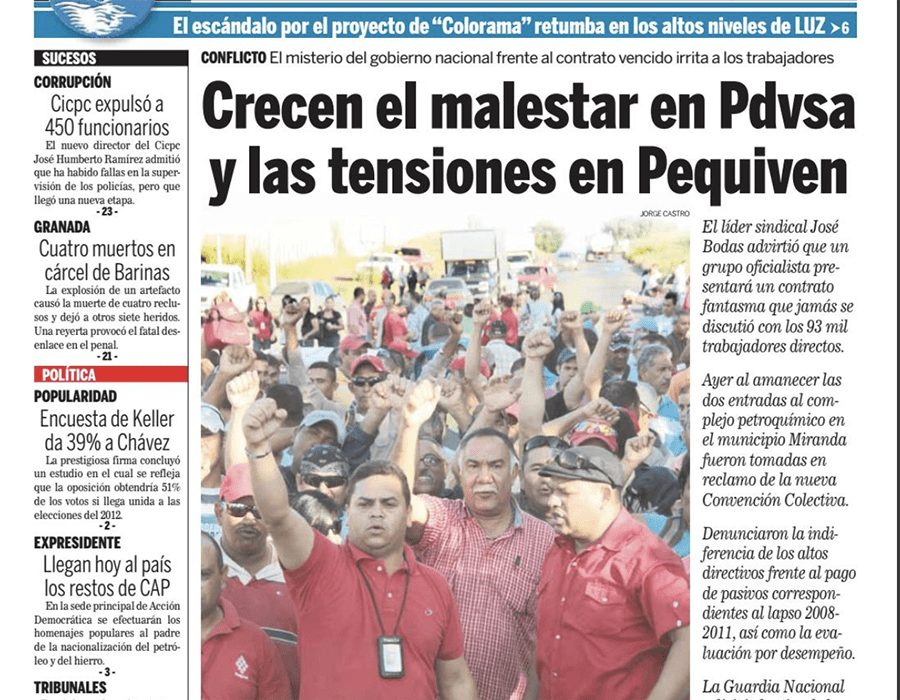 Unrest and tension grow in the state-run oil industry; October 2011; source: Versión Final