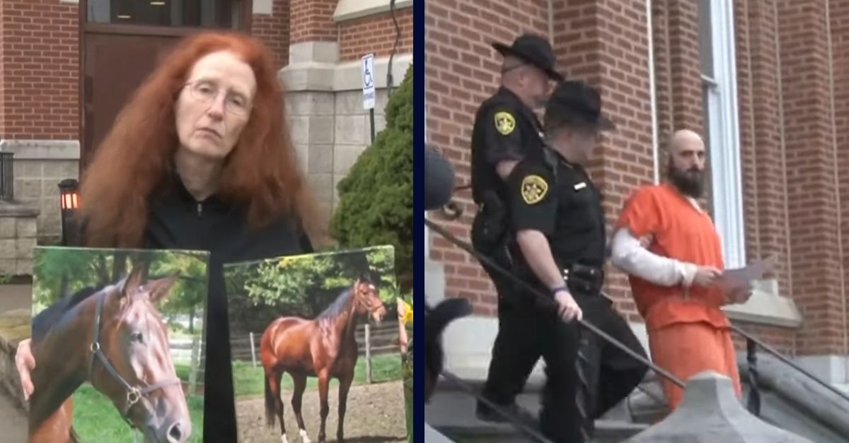 Boyd H. Fenton, right, learned his fate on Friday in the arson death of 30 racehorses. In the photo on the left, victim Mindy Findling Repko displays two of her beloved horses she lost in the fire. (Screenshots from WENY TV NEWS/YouTube)