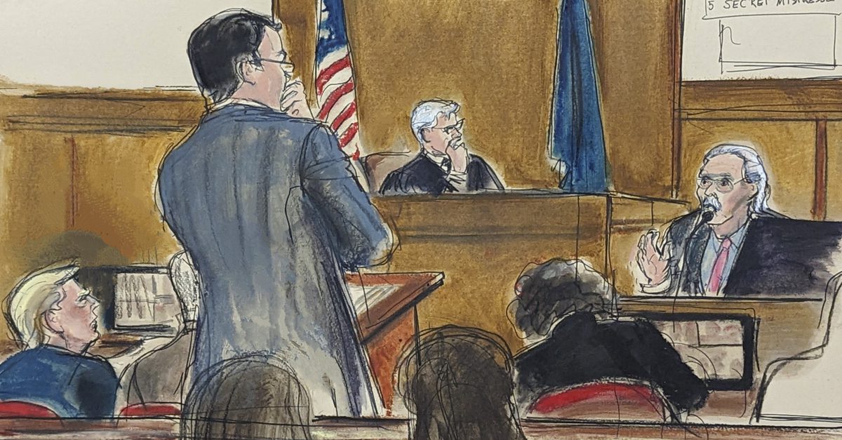 A sketch of David Pecker testifying in Donald Trump's hush-money trial