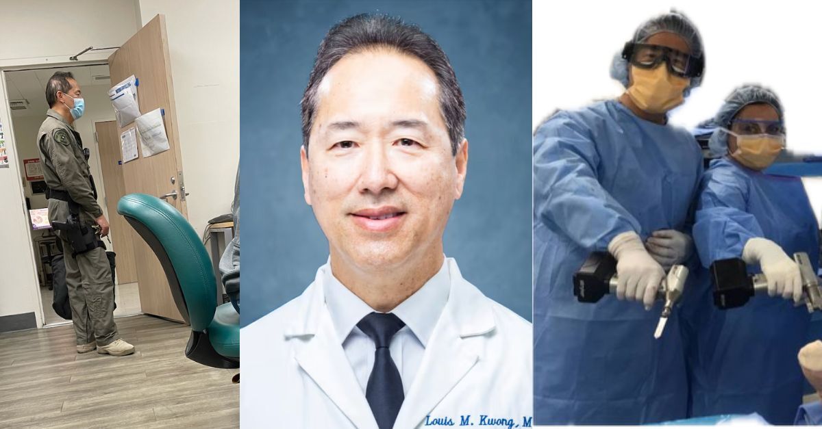 Dr. Louis Kwong is seen on the far left in the background image in the operating room and his reserve-deputy uniform. (Kwong's portrait photo from Harbor-UCLA Medical Center; Kwong in sheriff's uniform at the hospital from the plaintiffs' lawyer)