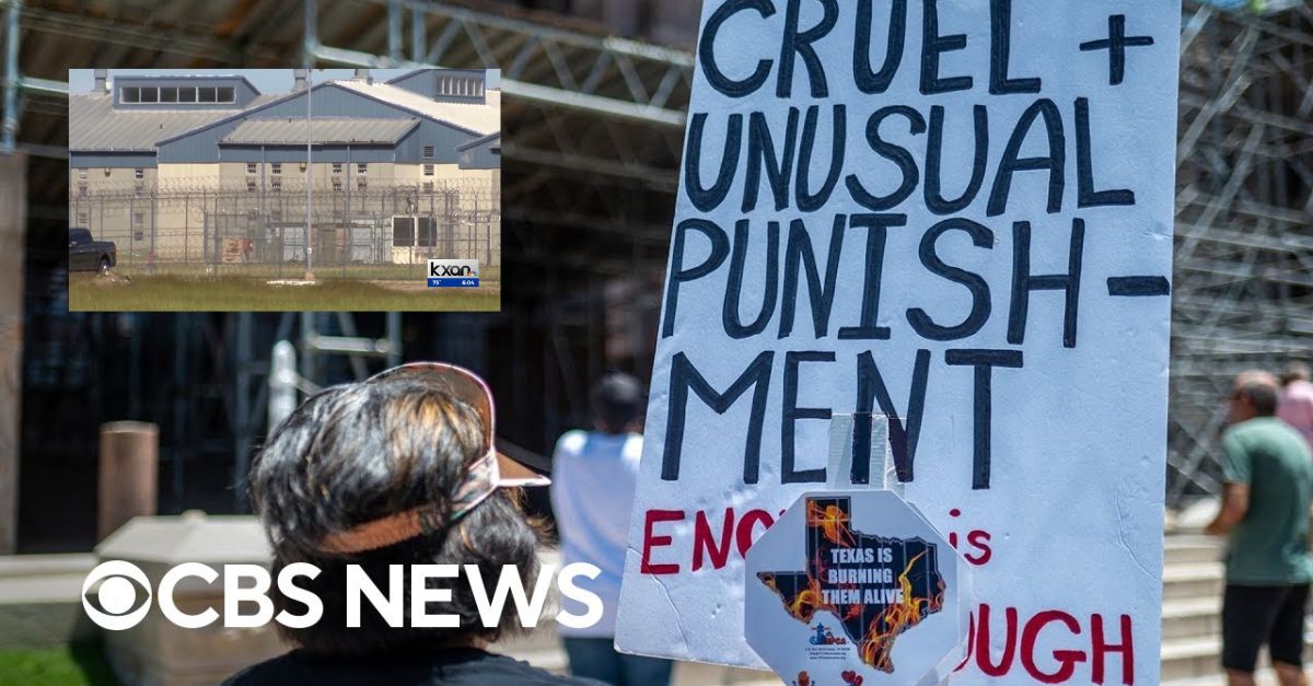 A federal lawsuit alleges inmates are dying in hot Texas prisons without air conditioning. (Inset photo from KXAN-TV/YouTube; Background photo from CBS News/YouTube)