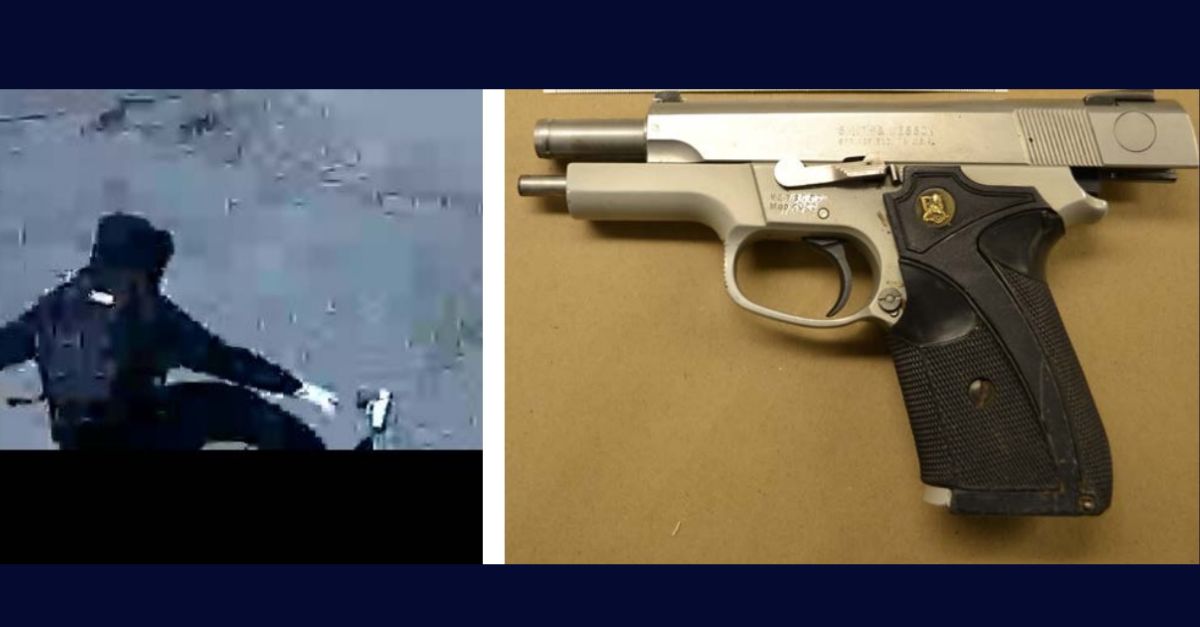 Left: Shaquan Brown drops a pistol in the driveway of a home in Pennsylvania that he attempted to rob./Right: The Smith & Wesson .40 caliber firearm used by Brown in robbery and located by police. Photos courtesy U.S. Justice Department.