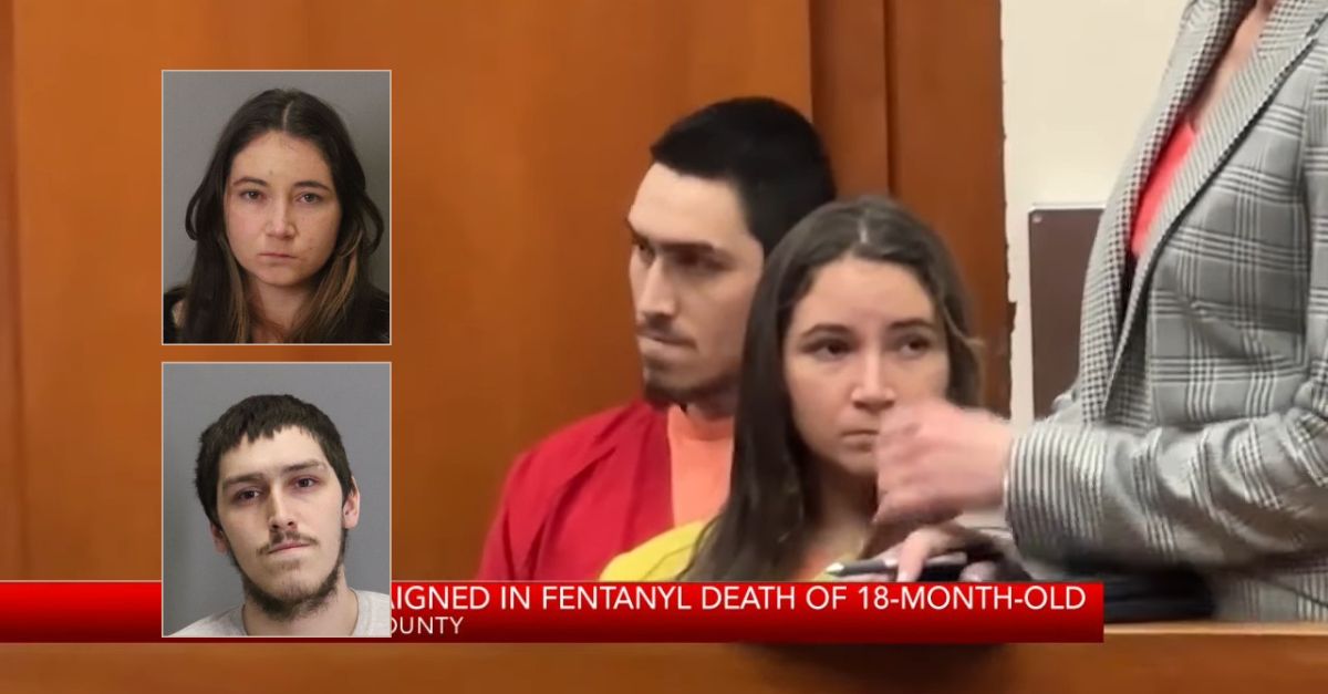 Derek Rayo and Kelly Richardson face murder charges in the fentanyl poisoning death of their infant daughter. (Courtroom screenshot from San Francisco's KRON-TV/YouTube; mug shots from San Jose Police Department)