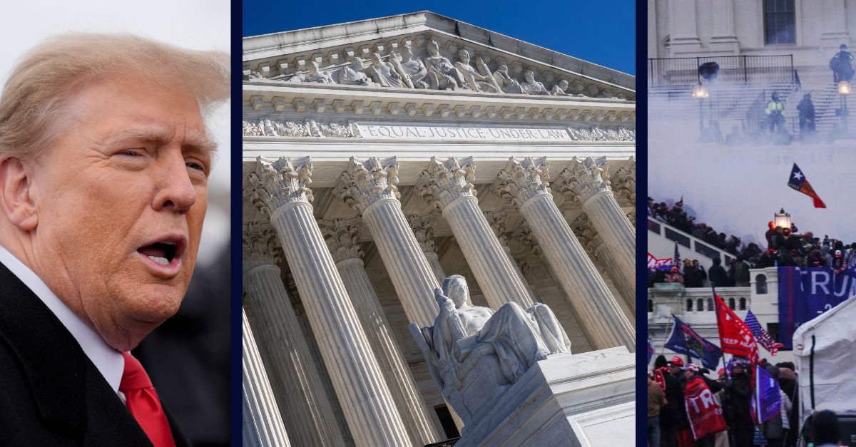 Left: Donald in Londonderry, N.H., Jan. 2024. (AP Photo/Matt Rourke)/Center: The U.S. Supreme Court. Jan. 2024. (Francis Chung/POLITICO via AP)/Right: Trump supporters seize the Capitol building Jan. 6, 2021. John Nacion/STAR MAX/IPx.