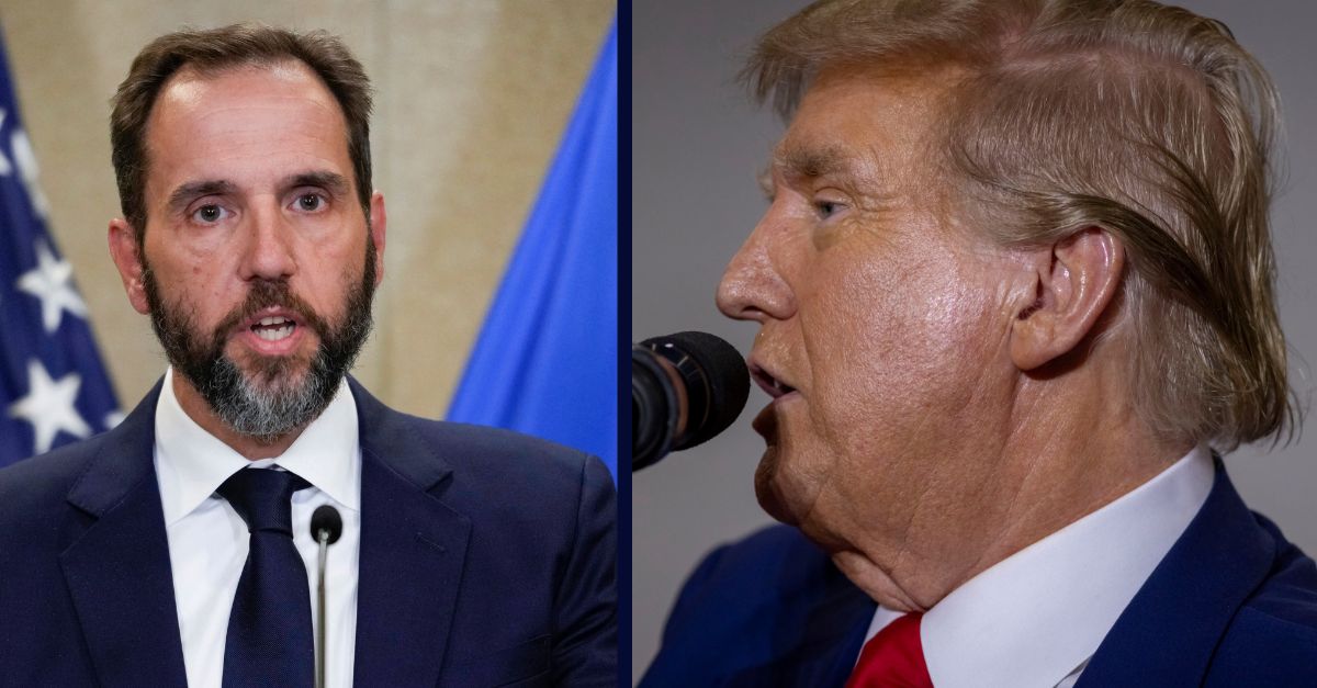 Left: Special counsel Jack Smith speaks to the media about an indictment of former President Donald Trump, Aug. 1, 2023, at an office of the Department of Justice in Washington. AP Photo/J. Scott Applewhite, File)/Right: Republican presidential candidate former President Donald Trump speaks Tuesday April 2, 2024, at a rally in Green Bay, Wis. (AP Photo/Mike Roemer)