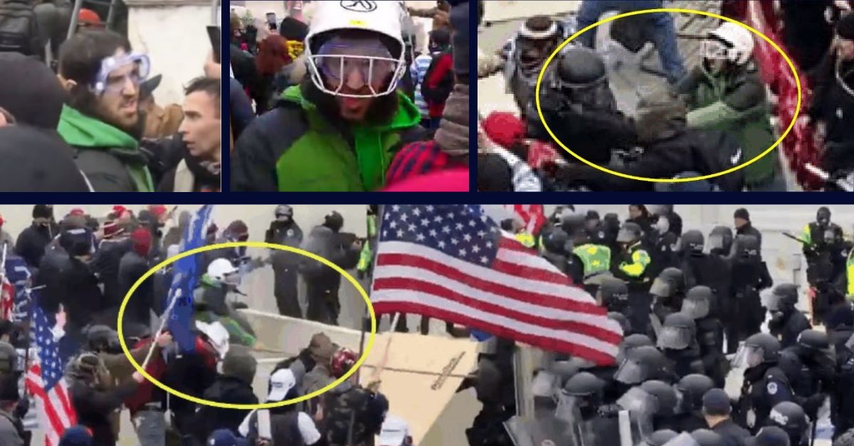 Justice Department trial exhibits show David Joseph Gietzen at the U.S. Capitol on Jan. 6, 2021 wearing a green jacket and white helmet and goggles and using a long metal pole to jab at officers or his gloved hands to rip their masks off. 