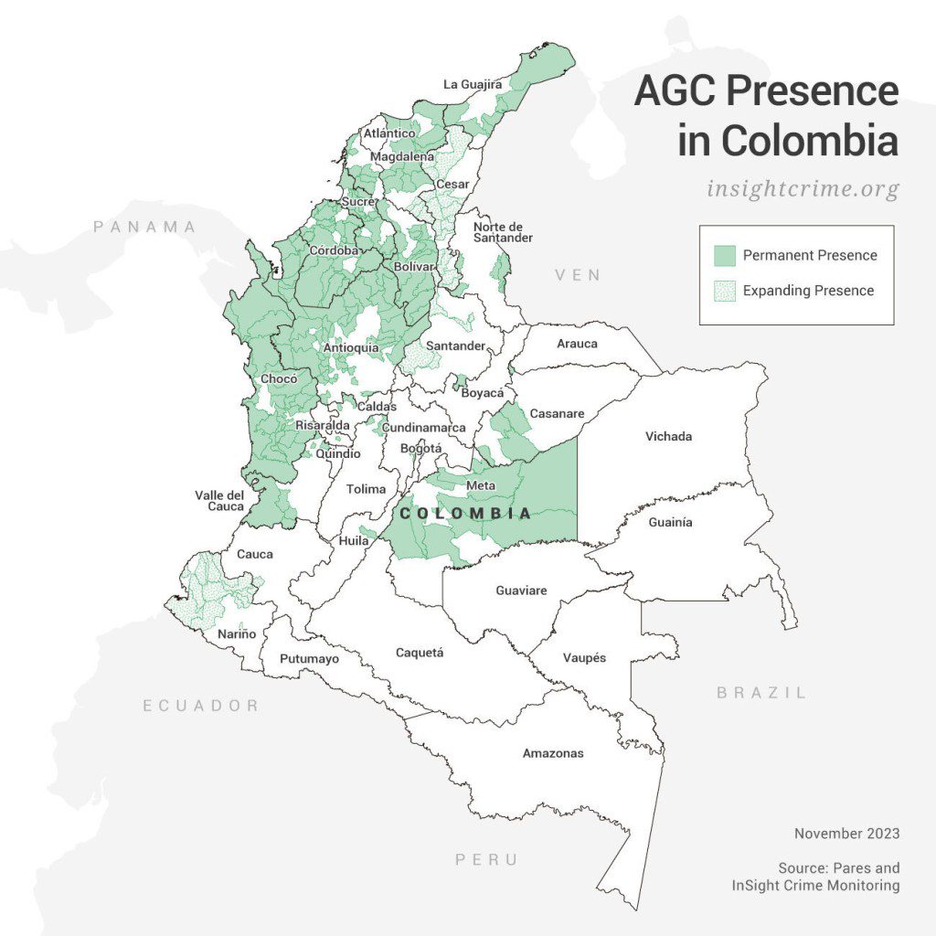 Map showing the AGC's presence throughout Colombia. 
Un mapa que muestra donde los AGC tienen presencia en Colombia. 