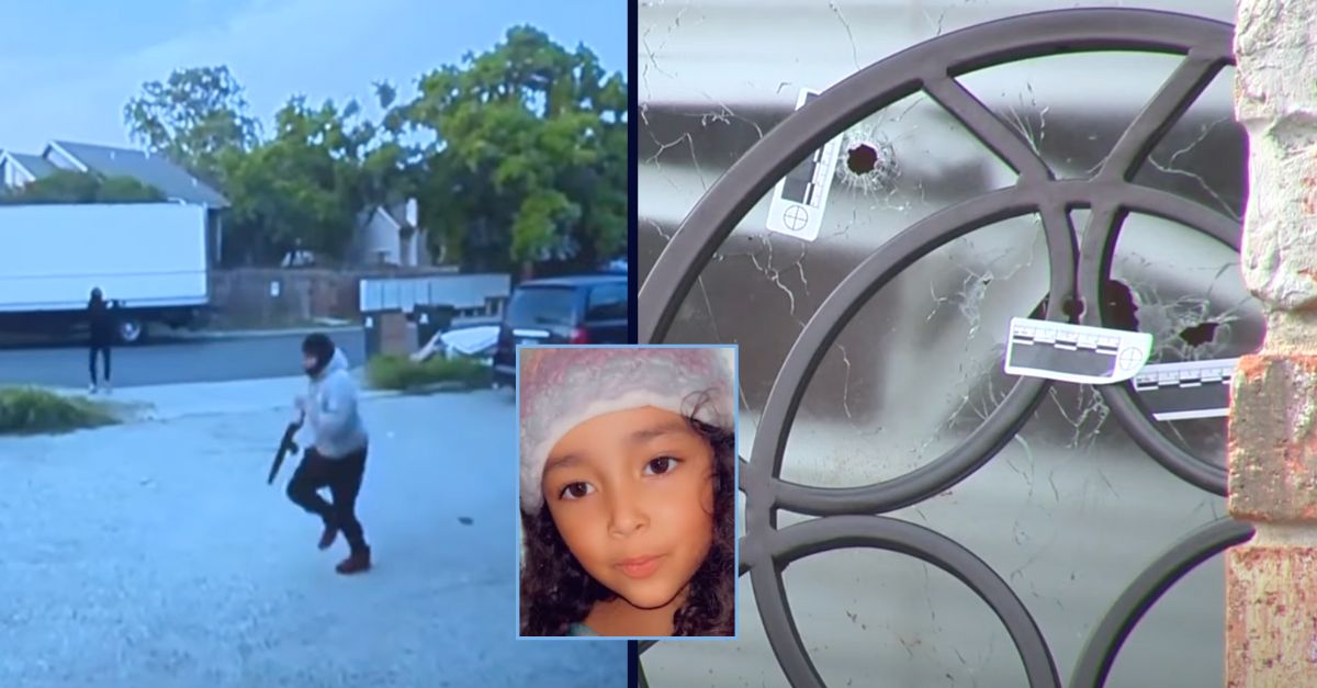 Two gunmen were being sought in a shooting outside a home in Texas that killed a 4-year-old girl and wounded her parents and two brothers. (Victim's photo from family via and bullet-riddled door from KSAT/YouTube; surveillance photo from Bexar County Sheriff's Office, via KSAT screenshot)