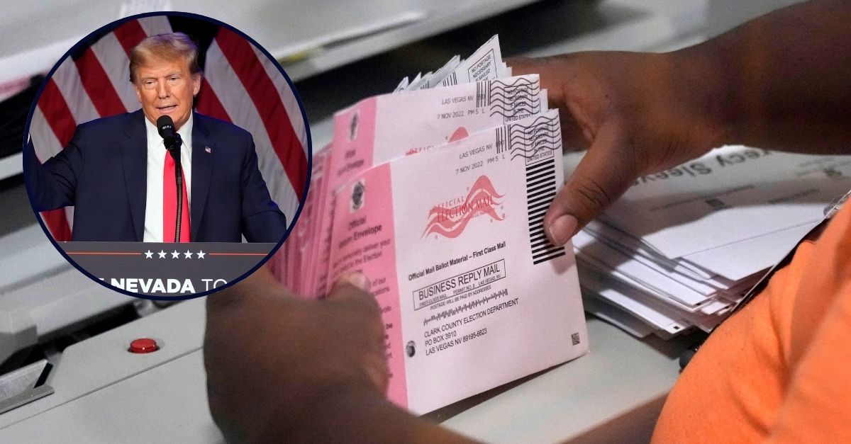 Inset: Republican presidential candidate former President Donald Trump speaks at a caucus night rally in Las Vegas, Thursday, Feb. 8, 2024. (AP Photo/Mark J. Terrill)/Background: An election worker prepares mail-in ballots at the Clark County Election Department on Nov. 8, 2022, in Las Vegas. AP Photo/John Locher.)