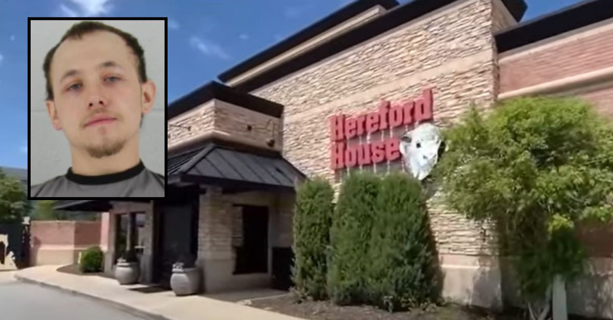Inset: Jace Hansen booking photo Johnson County jail; Background: YouTube screen grab of Hereford House steakhouse photo from local CBS affiliate KCTV. 