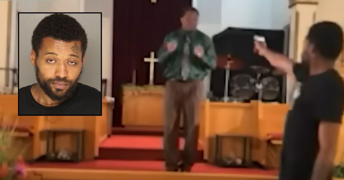 Inset: Bernard Polite booking photo Pennsylvania State Police. Bernard Polite points a gun at a pastor during a sermon on May 5, 2024. The incident was captured by the church's Facebook livestream. YouTube screengrab footage from ABC Philadelphia affiliate WPVI.