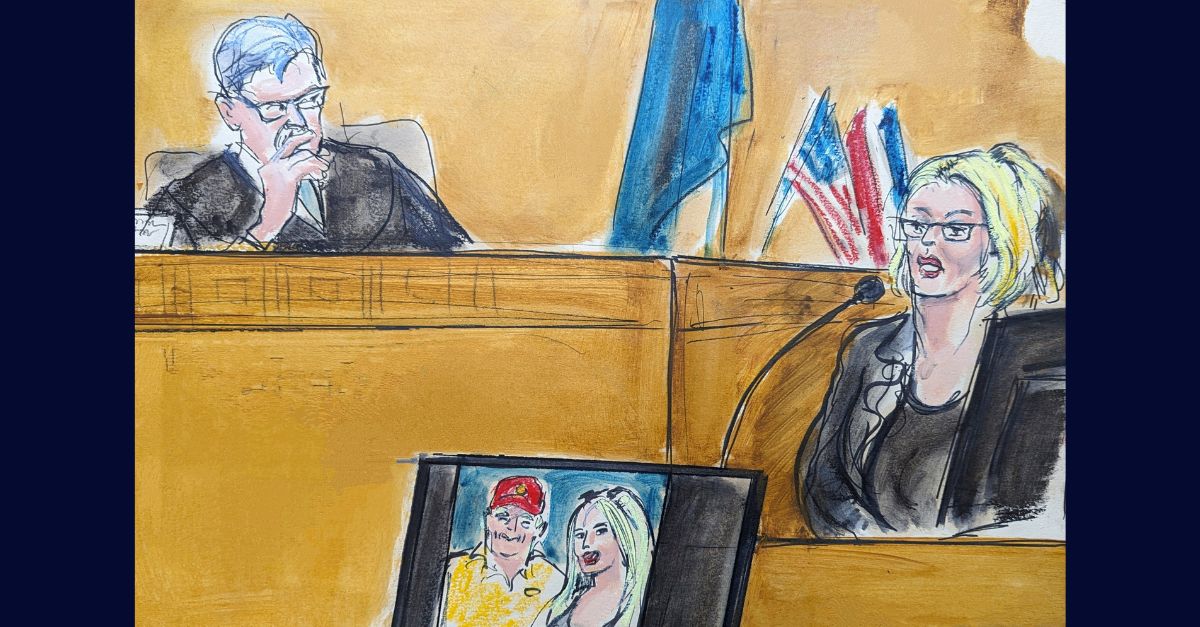 Stormy Daniels, on the left in a courtroom sketch, testifies during Donald Trump's criminal trial in New York City; on the right, Judge Juan Merchan watches.