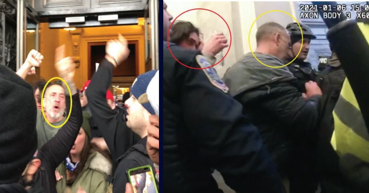 Justice Department provided photos show accused Jan. 6 rioter William Gallagher, circled in yellow, at the Capitol on Jan. 6, 2021. On right, Gallagher and son, James Gallagher, touch their eyes after being sprayed with chemical irritants by police defending the Capitol. 