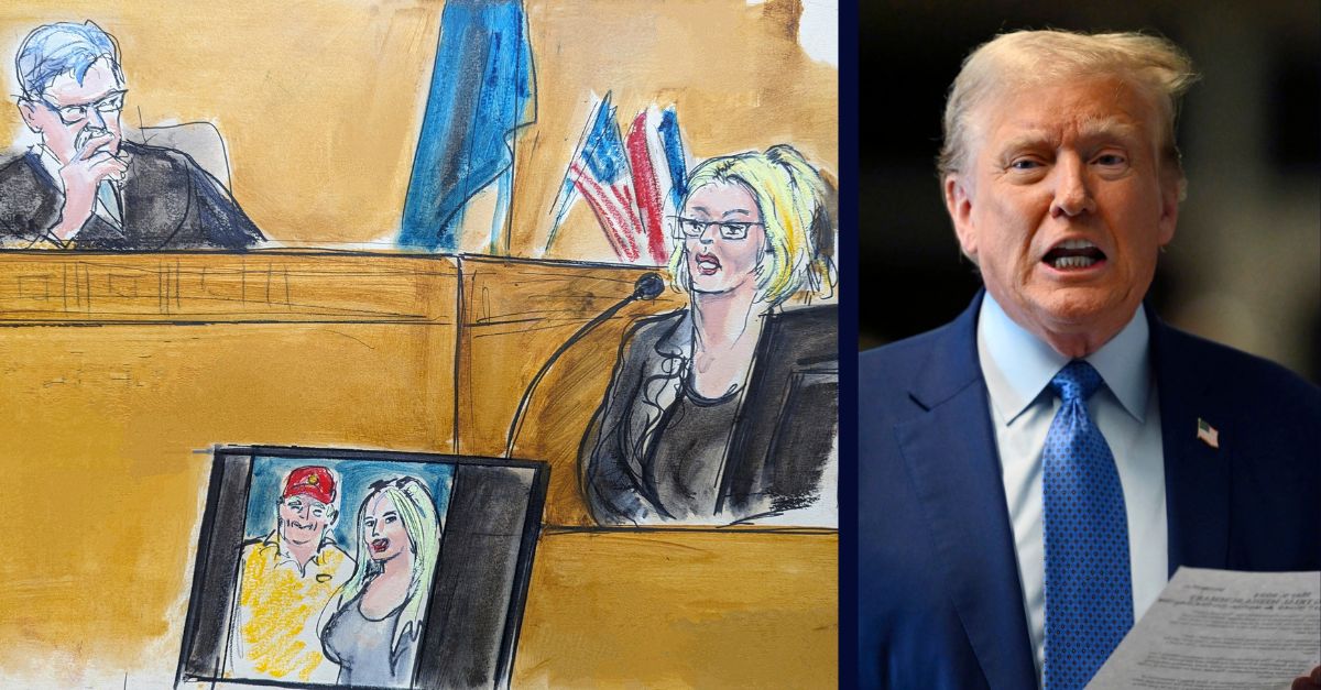 Left: In this courtroom sketch, Stormy Daniels testifies on the witness stand as Judge Juan Merchan looks on in Manhattan criminal court, Tuesday, May 7, 2024, in New York. A photo of Donald Trump and Daniels from their first meeting is displayed on a monitor. (Elizabeth Williams via AP)/Right: Former President Donald Trump speaks to reporters at Manhattan Criminal Court in New York, Thursday, May 9, 2024. (Angela Weiss/Pool Photo via AP)